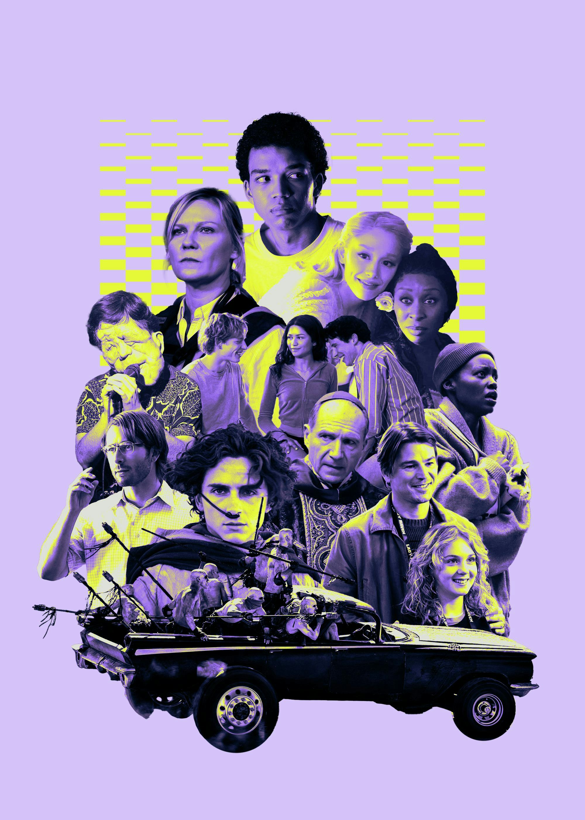 A collage of diverse characters from various media, set against a purple background with yellow grap...