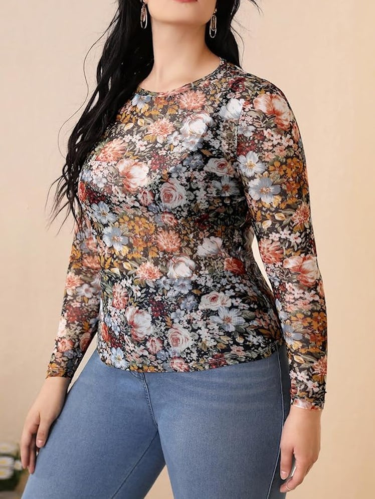 WDIRARA Floral Print Sheer Mesh Top