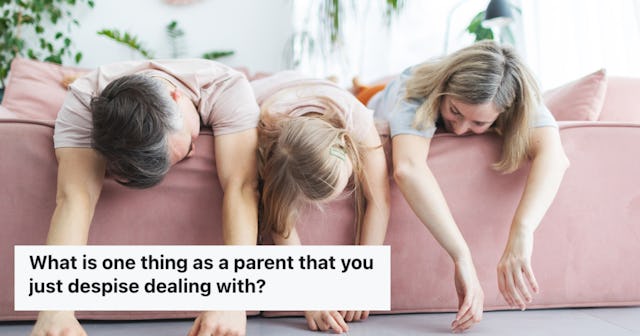 Two parents and a kid lay exhausted on a pink couch. Recently on Reddit, parents shared the things t...