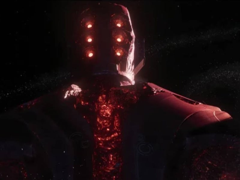 A large, ominous figure with glowing red eyes stands in darkness, surrounded by swirling cosmic elem...