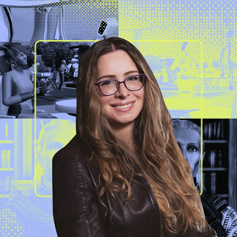 A woman with long, wavy hair and glasses smiles at the camera, set against a colorful background fea...
