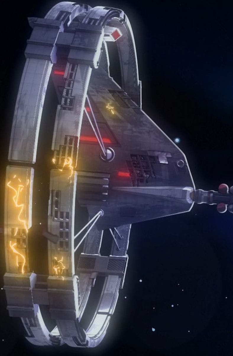 A futuristic spaceship with a circular structure and glowing elements travels through a colorful cos...