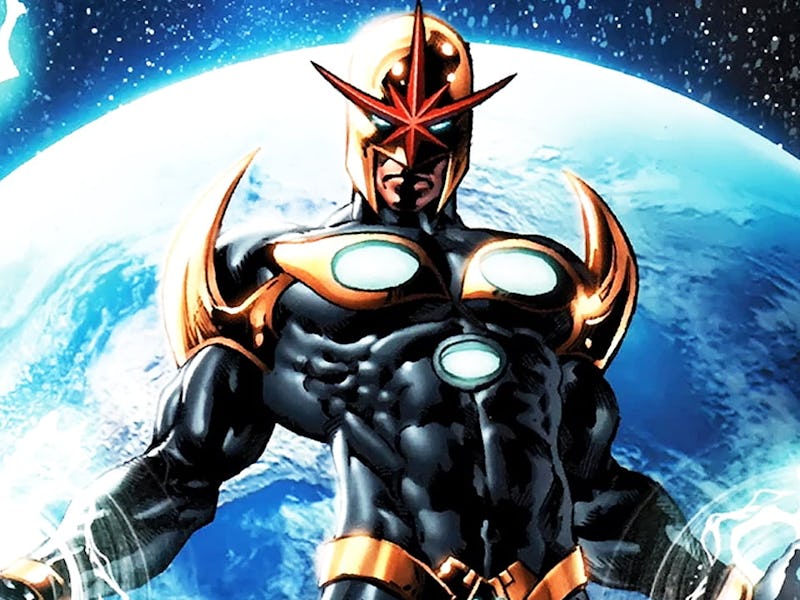 A superhero in a black and gold suit stands confidently against a backdrop of Earth and space, radia...