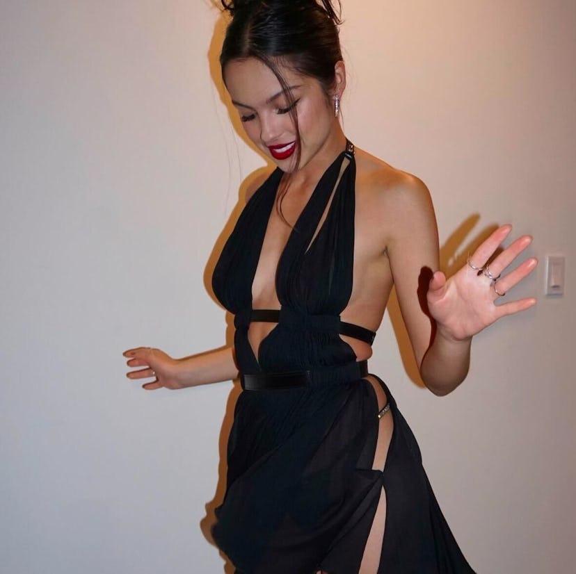 Olivia Rodrigo’s black birthday dress in 2024 that had cutouts and a plunging neckline.