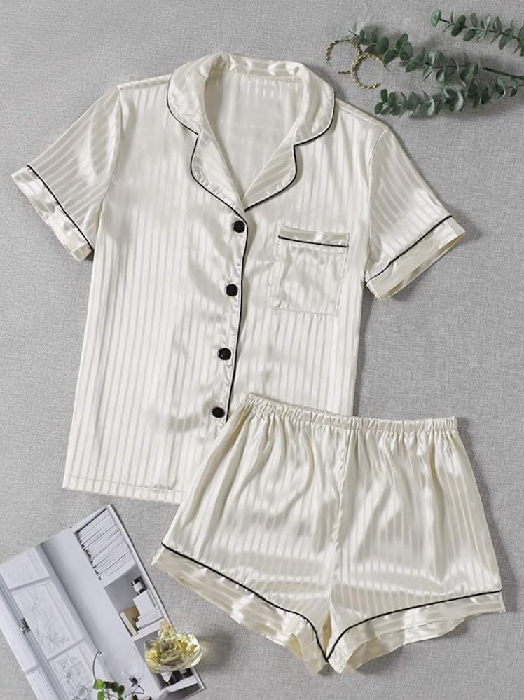 LYANER Striped Silky Satin Pajama Set 