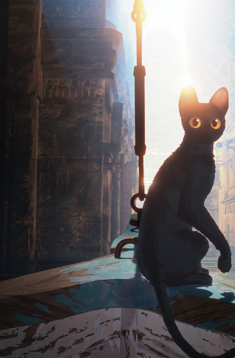 A silhouette of a cat with bright eyes sits on a boat, surrounded by ancient ruins, with a beam of l...