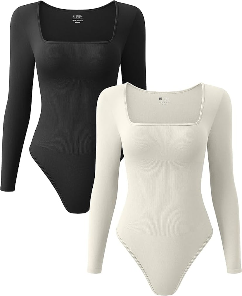 OQQ Square Neck Long Sleeve Bodysuits (2-Pack)