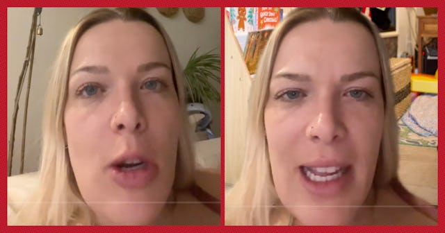 A split image of a woman with blonde hair, showing two expressions. On the left, she appears serious...