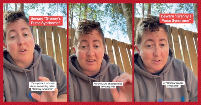 A series of three images shows a speaker discussing "Granny's Purse Syndrome" outdoors, conveying he...