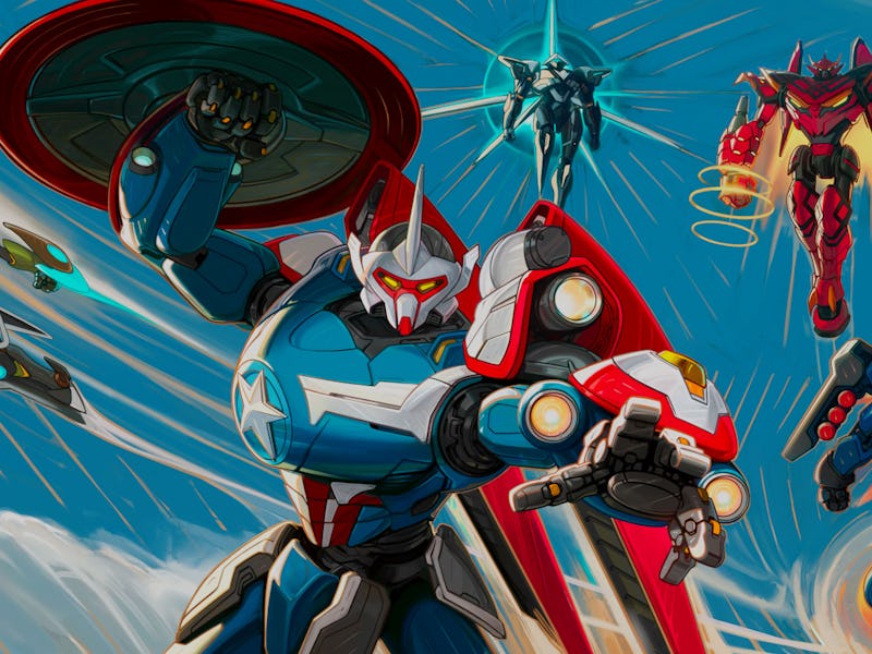 A vibrant illustration of armored superheroes, each in dynamic poses, showcasing their unique abilit...