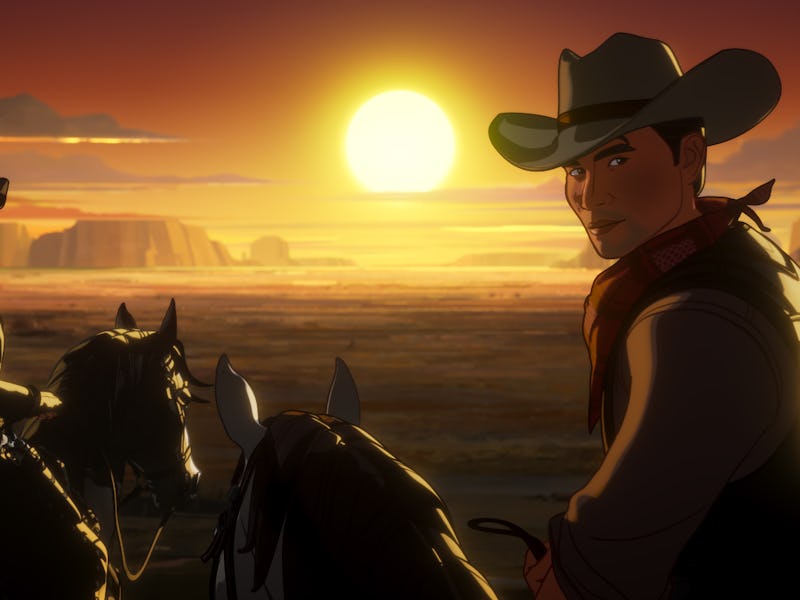 Two cowboys on horseback gaze towards a setting sun in a vast desert landscape, with mountains silho...
