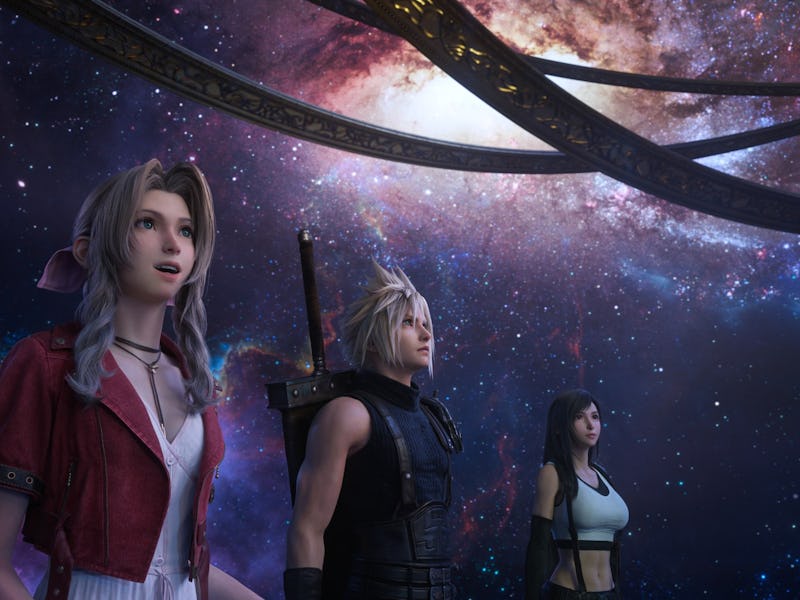 Three characters stand against a vibrant cosmic background, gazing in wonder. They are surrounded by...