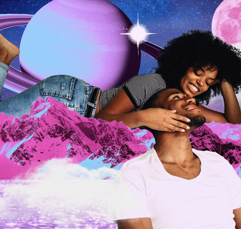 A young couple smiling in front of Saturn after reading their January 2025 horoscope.
