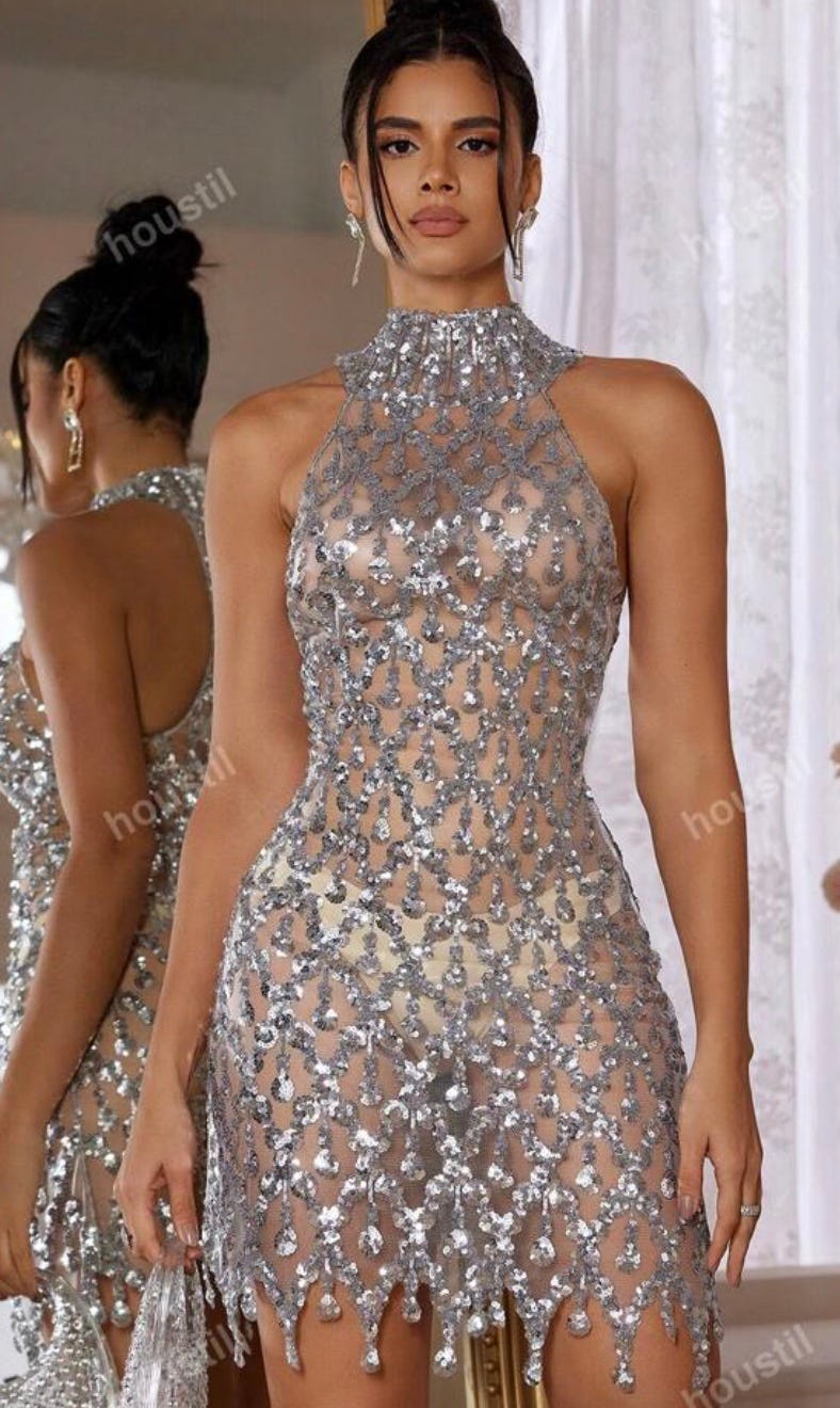 Sequined Mesh Stretchy Backless Formal Gown