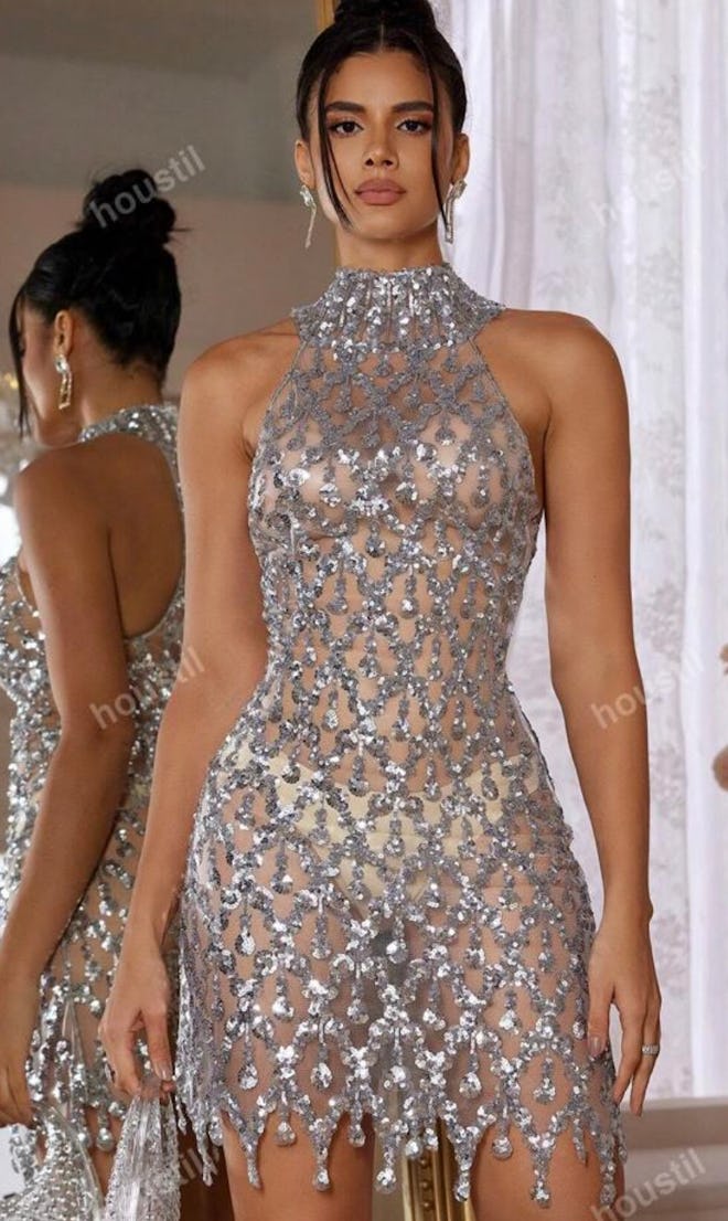 Sequined Mesh Stretchy Backless Formal Gown