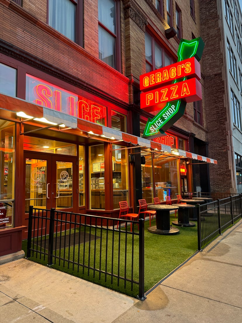 An external photograph of Geraci’s Pizza Slice Shop in Cleveland, Ohio