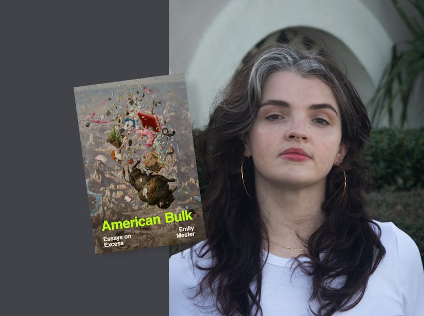 A photo of author Emily Mester collaged with the cover of her book, 'American Bulk.'