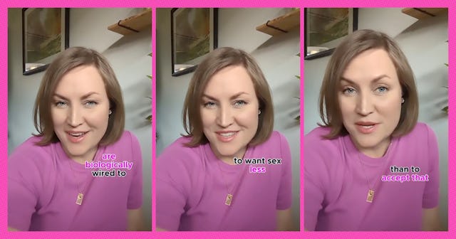 A woman wearing pink talks into the camera about why women might want to have less sex with their hu...