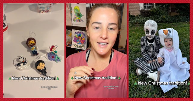 Three images showcasing a festive theme: the first features Christmas ornaments, the second shows a ...