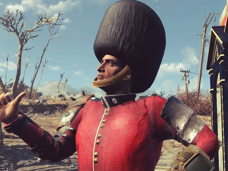 A player emotes with a king's guard uniform