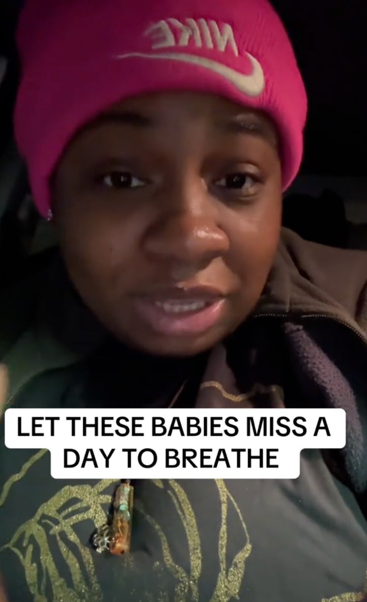 A person wearing a pink Nike beanie speaks passionately in a car, advocating for children to take a break, with text overlay: "LET THESE BABIES MISS A DAY TO BREATHE."