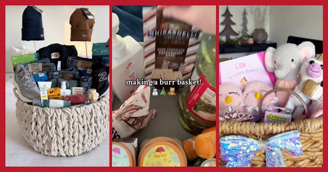 Three images showcase gift baskets: one filled with clothing and personal care items, another with c...