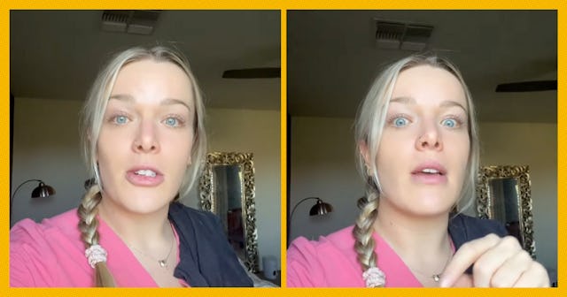 A woman with long, light hair in braids is speaking to the camera. She has blue eyes and is wearing ...