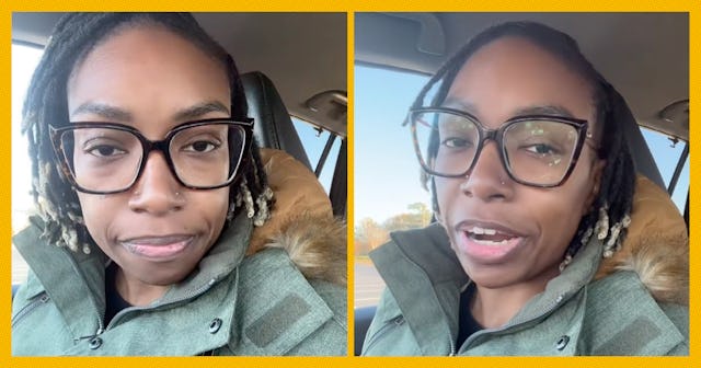 A woman with glasses and styled hair is speaking in a car, wearing a green jacket. The image shows t...