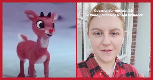 A split image featuring a classic animated Rudolph the Red-Nosed Reindeer on the left and a woman in...