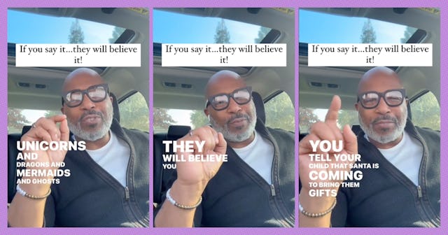 A man with a beard and glasses gestures while speaking in a car. Text emphasizes how stories about f...