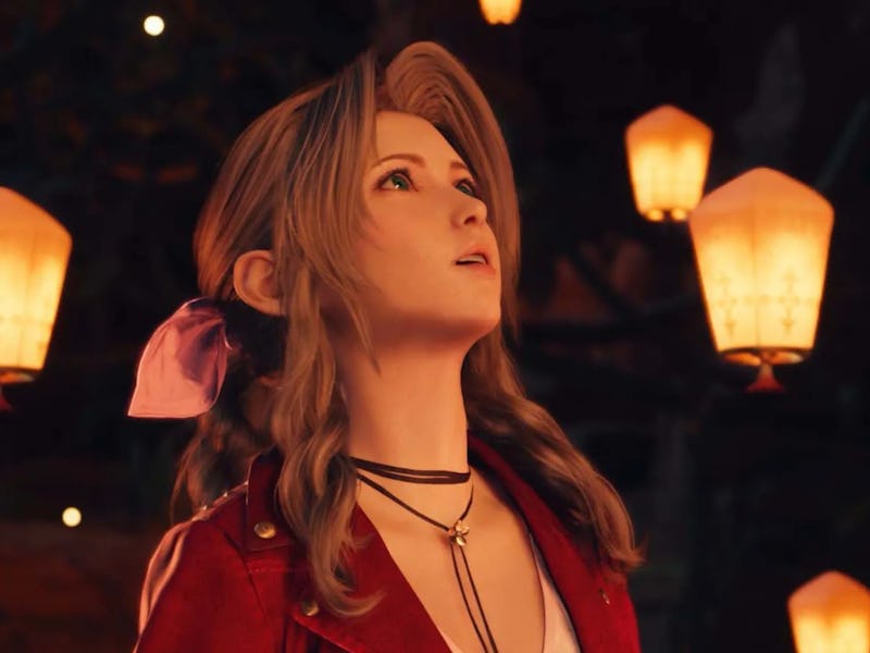 A woman with light brown hair and a pink ribbon gazes upward, surrounded by glowing lanterns in a se...