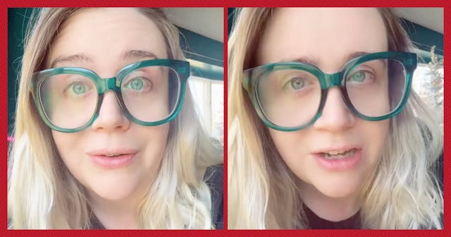 A woman with long, wavy light hair wearing large, round green glasses looks directly at the camera, ...