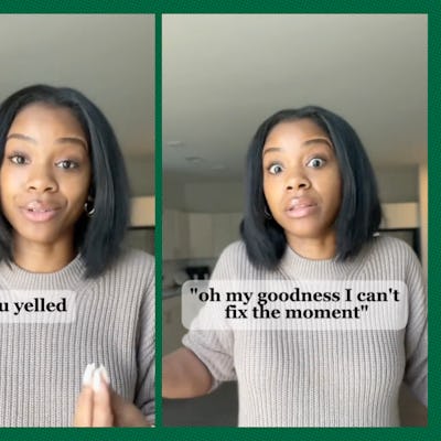 A series of three images feature a woman with straight, shoulder-length hair, expressing different emotions while speaking. Text describes her dialogue.