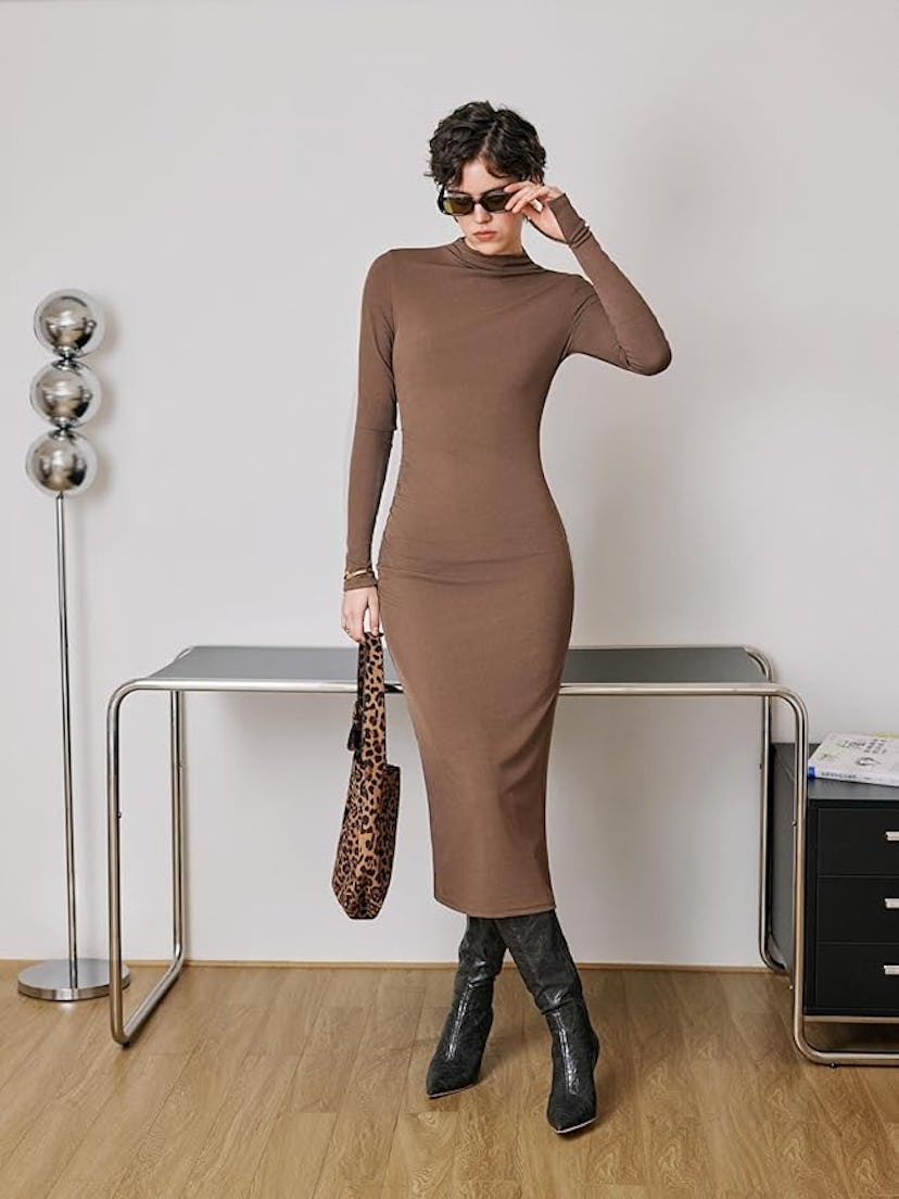 CIDER Long Sleeve High Neck Ruched Midi Dress