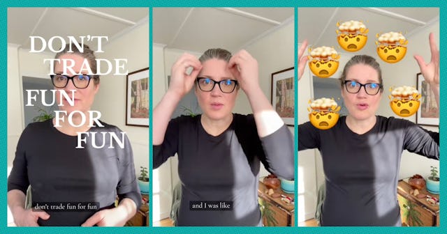 A woman in a black top with glasses appears in three panels. The first features text: "DON'T TRADE F...