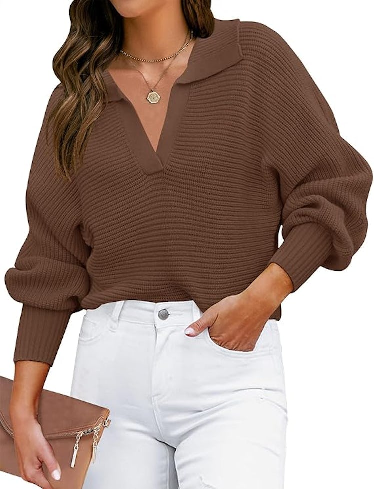 ZESICA Collared V-Neck Sweater