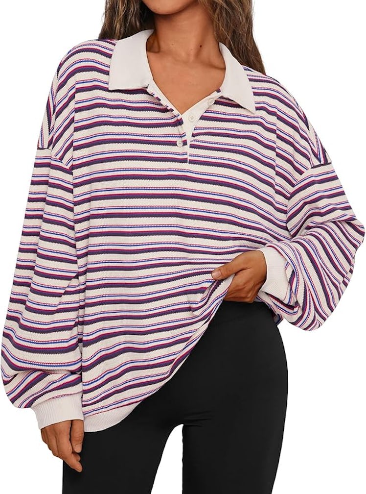 Trendy Queen Oversized Striped Polo Sweatshirt