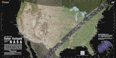 A map of the United States is covered by a dark band that stretches northeastward. This illustration...