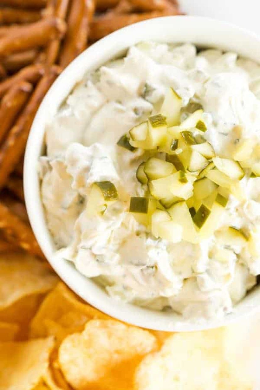 Dill pickle dip, a delicious super bowl dip to celebrate the big game.