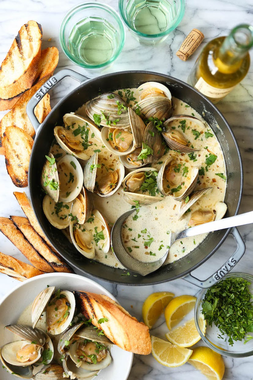 Garlic butter clams with white wine cream sauce, a seafood at-home Valentine's Day dinner idea