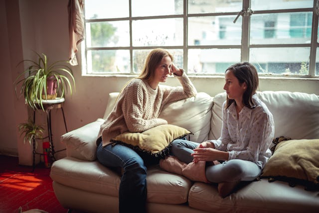 A mother has a serious conversation with her tween daughter.