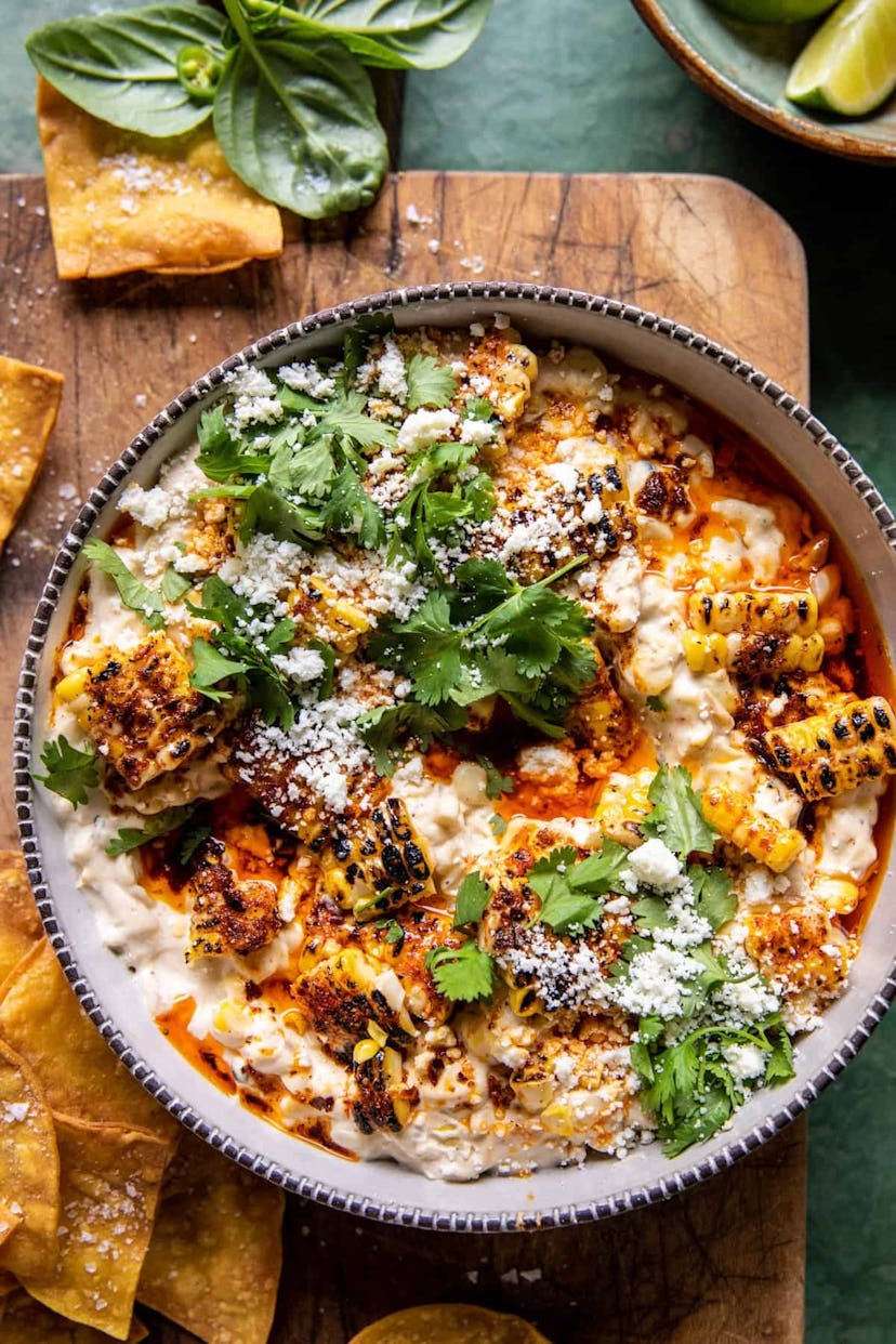 Spicy Mexican street corn dip, a delicious super bowl dip to celebrate the big game.