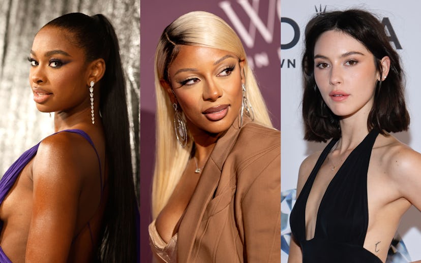 Three women in glamorous attire posing separately at different events. Each displays unique hairstyl...