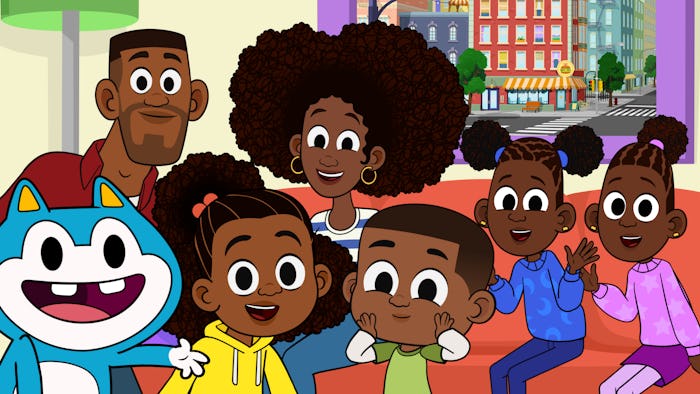 Lyla, her family, and her side-kick Stu pose for a family photo. 'Lyla in the Loop' premieres on PBS...