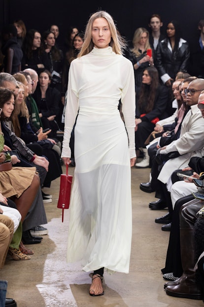 Proenza Schouler model in white sheer ruched dress