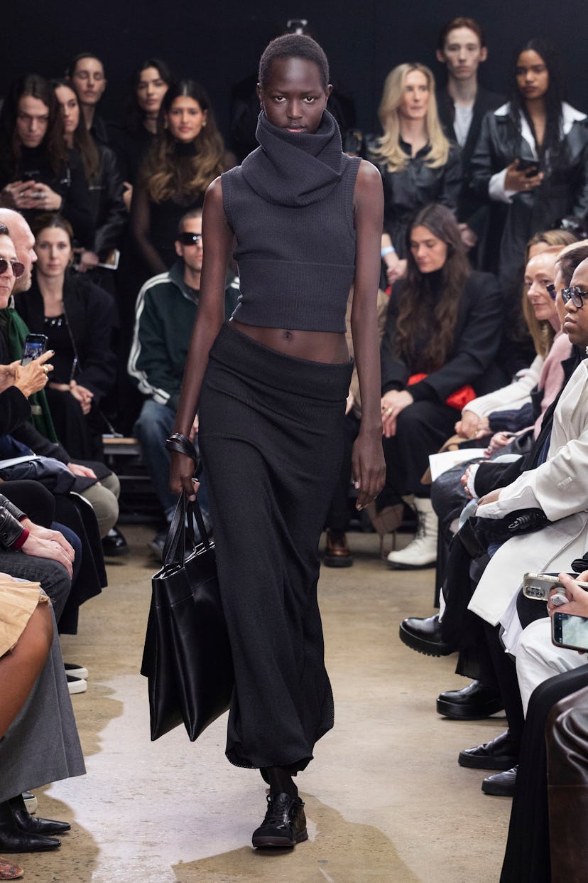 Proenza Schouler model in cropped turtleneck and maxi skirt