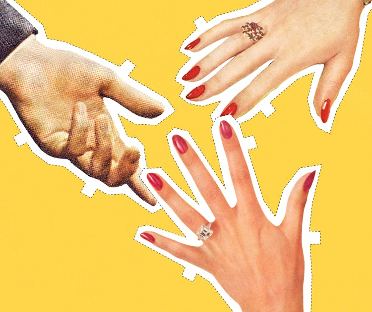 Three hands, in paper doll style, reaching toward each other. Two have a red manicure. 