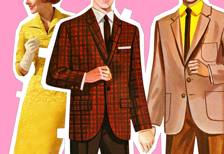 Two headless paper dolls in men's suits, holding hands, with a smiling woman in the background. 