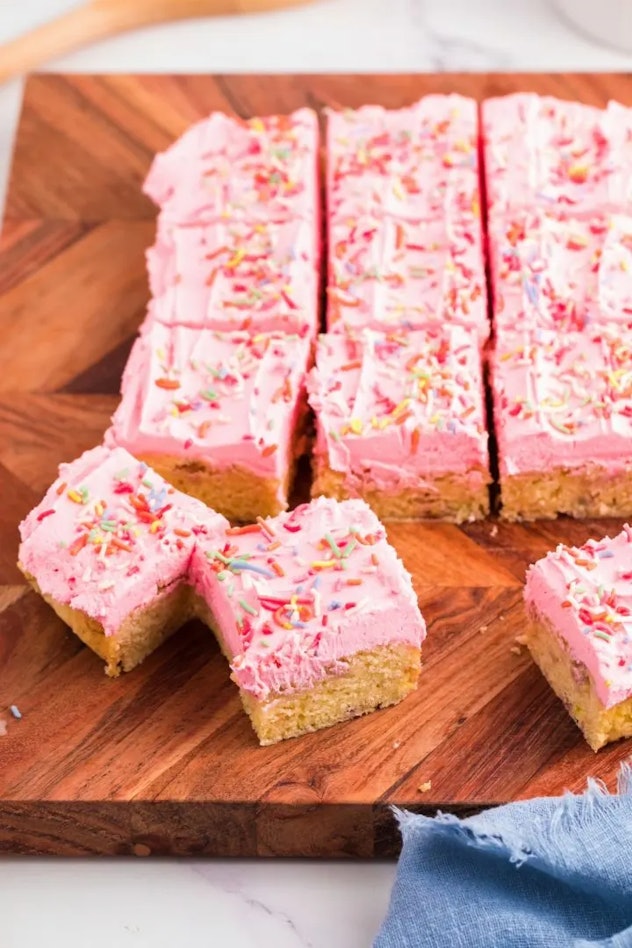 Pink sugar cookie bars, an easy Valentine's Day classroom snack idea.