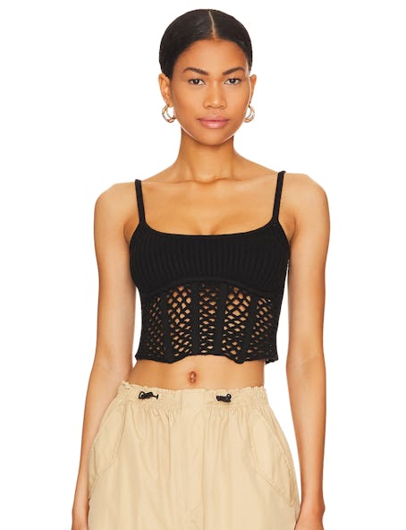 This black corset top is similar to Taylor Swift's Super Bowl outfit. 